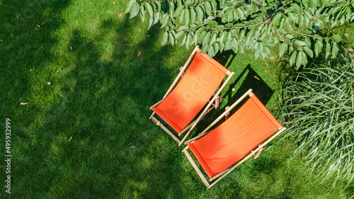 Photographie Summer garden with sunbed deckchairs on grass aerial top view, green park trees