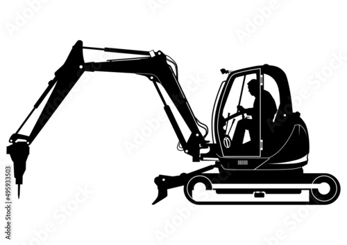 Silhouette of compact excavator with hydraulic breaker. Tracked mini excavator. Side view. Vector.