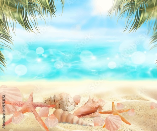 夏の太陽のと青い空の下砂浜の波打ち際にヒトデや貝殻とヤシの木と海のゆらめく波の美しいピンボケ背景素材
