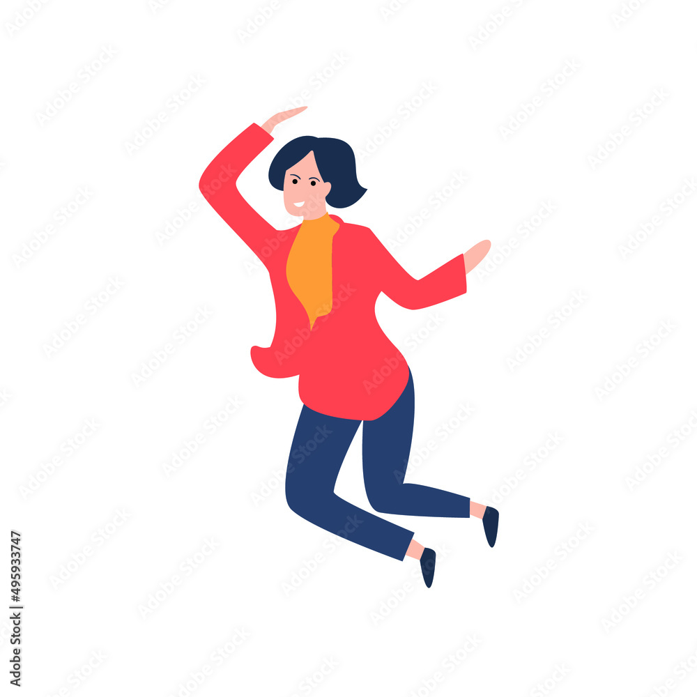 Vector Happy Cheerful Woman in Yellow and Red Shirt Isolated on White Background, Team Member Colorful Illustration, Celebration Dance and Success Concept.