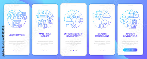 Developmental activities blue gradient onboarding mobile app screen. Walkthrough 5 steps graphic instructions pages with linear concepts. UI, UX, GUI template. Myriad Pro-Bold, Regular fonts used