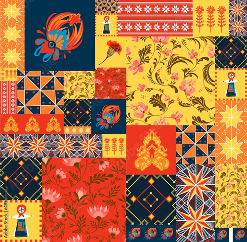 Seamless pattern in Ukrainian style. Ukrainian ethnic pattern in patchwork style. Vector illustration