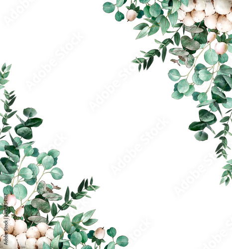 Watercolor floral background with eucalyptus leaves and cotton. Greenery frame. Rustic style. For wedding invitations, birthday, party, save the date, fashion, background
