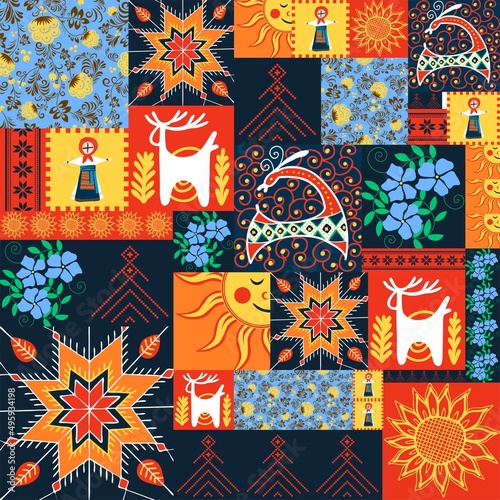 Seamless pattern in Ukrainian style. Ukrainian ethnic pattern in patchwork style. Vector illustration