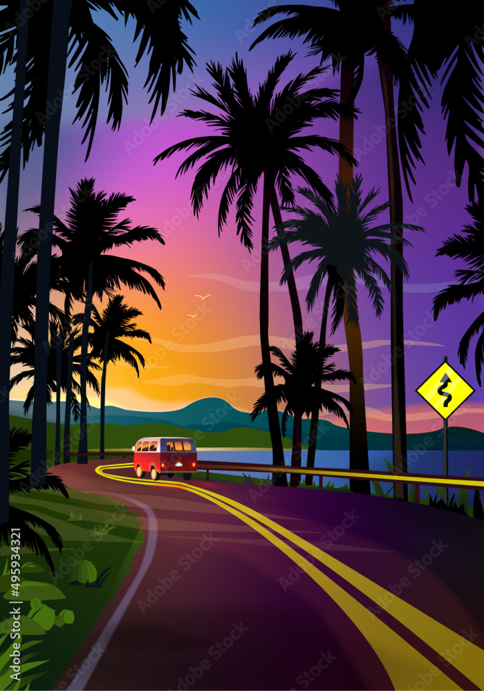 Sunset and palm trees. Beach vacation by the ocean and van travel on the road.