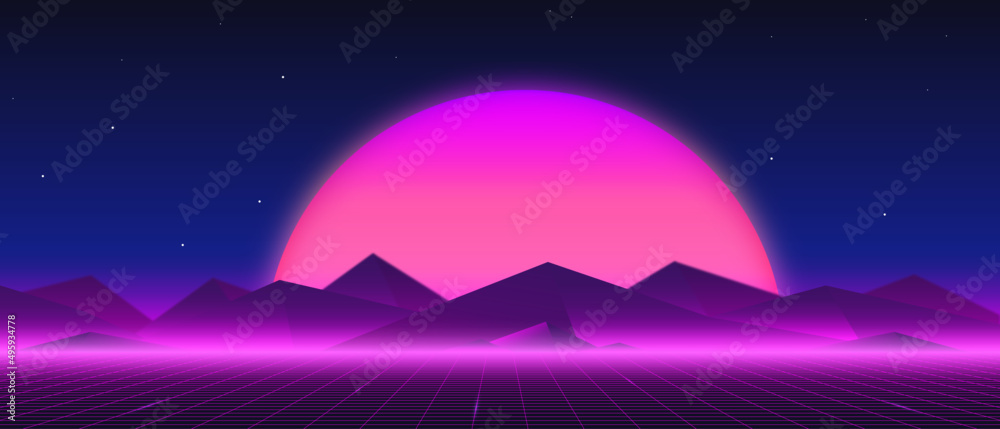 Retro Futuristic 1980s Style Mountain Landscape Background Glowing Sun
