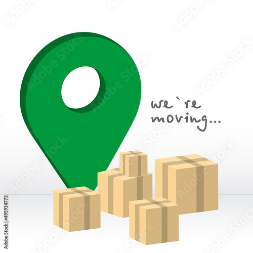 We are moving.  Transportation and home removal. Green sign of location 3d and five Boxes in anticipation of moving. Stock vector for your design.  EPS10