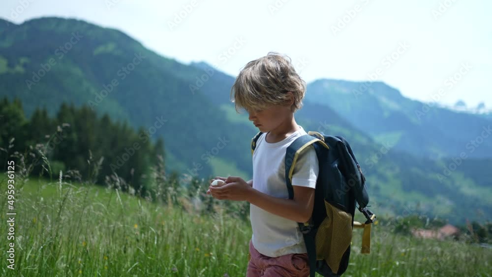 One pensive small boy walking outdoors in Swiss mountains