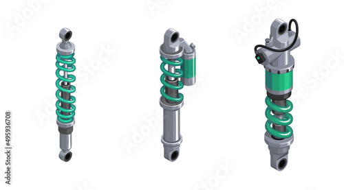 Shock absorber for the car. Racing shock absorber in isometrics. 3d icon of a shock absorber. Set of shock absorber cliparts on white background. Shock absorbers of different modifications. Vector 