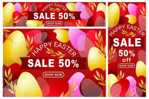 Easter Sale promotional poster templates with golden eggs and branch. Easter Sales special offer text design with hand lettering for business, holiday shopping, promotion and advertising. Vector illus