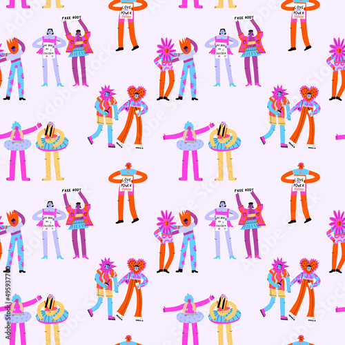 vector seamless pattern with people at human rights protests. Print in support of feminism, gender-free, lgbt, body neutrality. Abstract non-binary people. People power.Vibrant generation Z ornament 