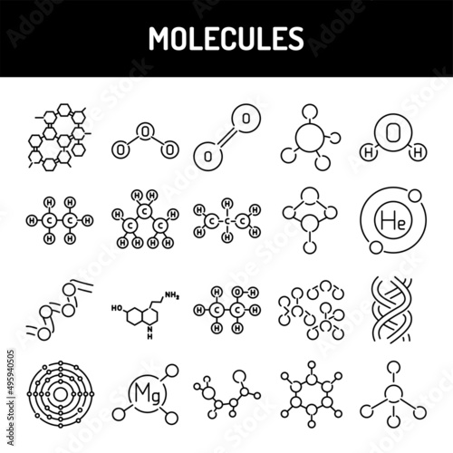 Molecules line icons set. Isolated vector element.