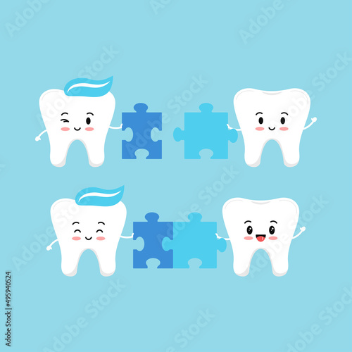 Cute teeth connect puzzle piece. Flat design cartoon style strong smiling molar character vector illustration. Happy tooth holds puzzle part. Children teeth hygiene and education concept.