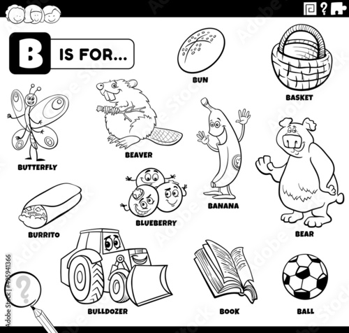 letter b words educational set coloring book page
