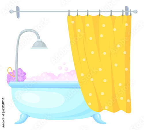 Bathtub full of foam behind curtain. Cartoon bubble relaxing