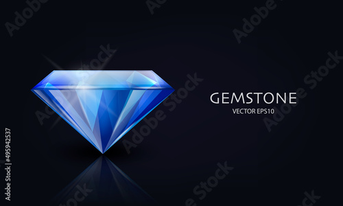 Vector Horizontal Banner with 3d Realistic Blue Transparent Gemstone, Diamond, Crystal, Rhinestones Closeup on Black. Jewerly Concept. Design Template, Clipart. Side View
