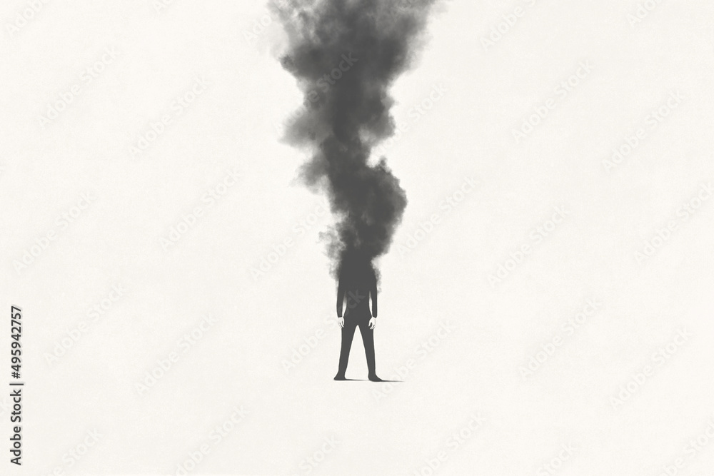 Illustration of man vanishing in a dark black smoke, surreal emotional concept Illustration of man vanishing in a dark black smoke, surreal emotional concept