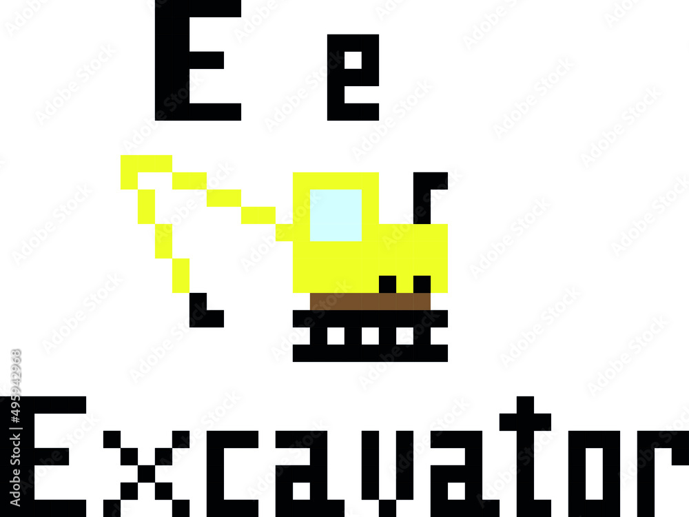 E is for Excavator Alphabet pixel art vector illustration. alphabet chart.