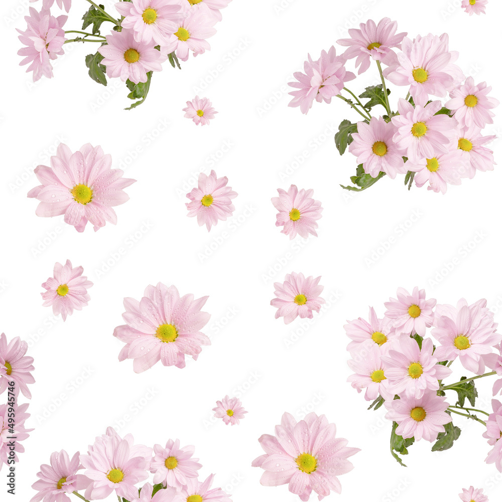 Bouquets and flowers of chrysanthemums in a seamless pattern.