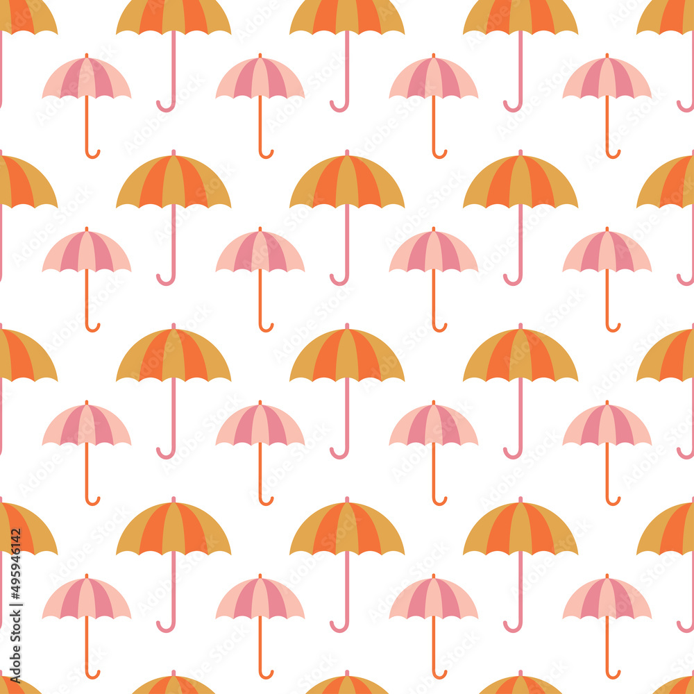 White seamless pattern with colorful umbrellas.