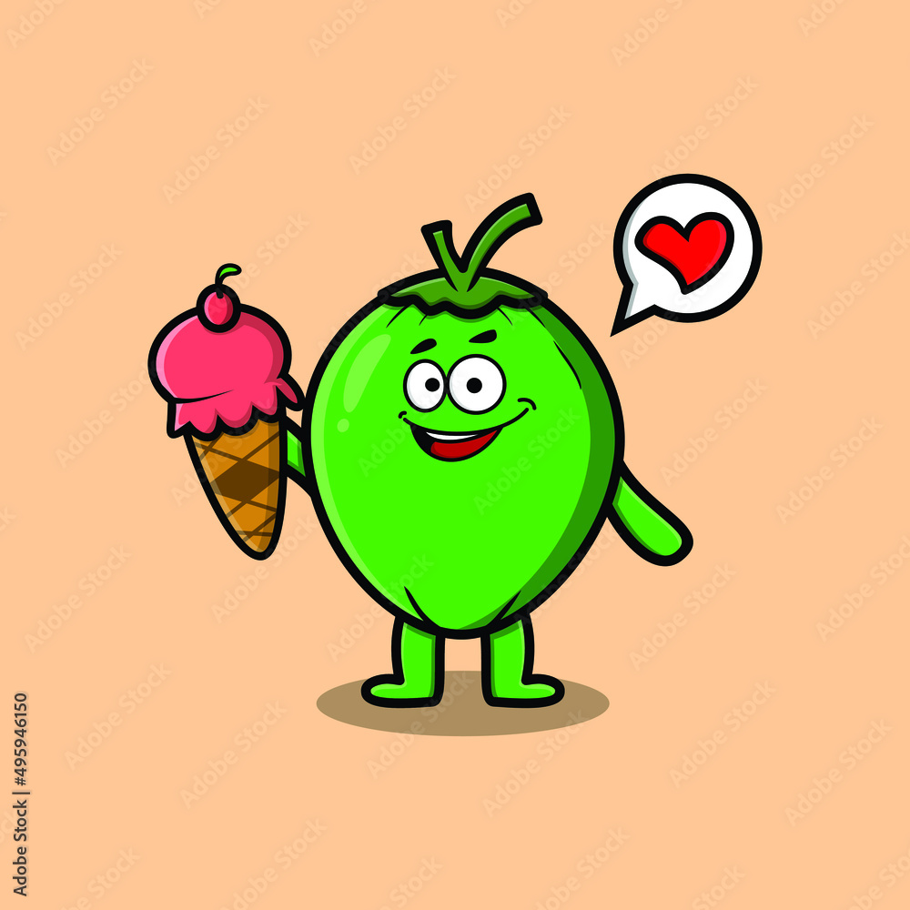 Cute Cartoon Coconut character holding ice cream cone