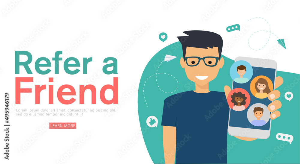 refer a friend affiliate partnership and earn money. marketing concept strategy.template for web landing page, banner, vector illustration