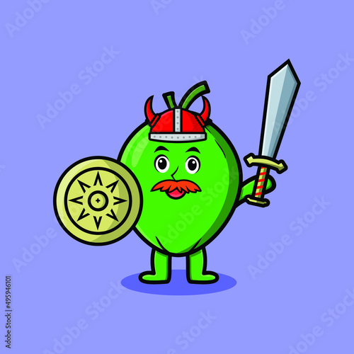 Cute cartoon character Coconut viking pirate with hat and holding sword and shield in cute modern style design 