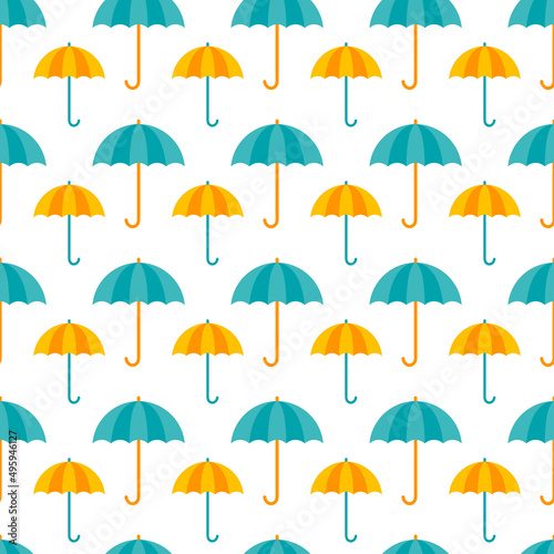 White seamless pattern with yellow and blue umbrellas.