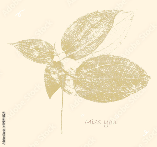 Elegant illustration with leaves composition and text. Miss you, love story, relationship. Template for greeting card.