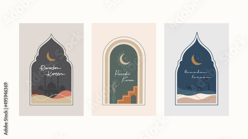 Ramadan Kareem greeting card illustration design vector template. Set of Ramadan Mubarak modern cards with retro boho style design, islamic frame, crescent, mosque, moon and desert.