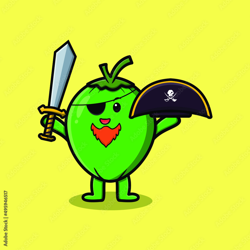 Fototapeta premium Cute cartoon mascot character Coconut pirate with hat and holding sword in modern design