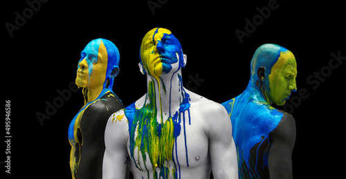 Colorful collage. Male body and face covered with multicolored paints isolated over black background. Diversity and expression
