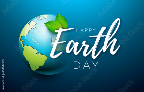 Earth Day Illustration with Planet and Green Leaf on Blue Background. April 22 Environment World Map Concept. Vector Save the Planet Design for Banner, Poster or Greeting Card.