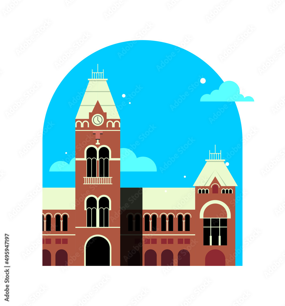 Chennai Central Railway Station. Indian monument Vector flat graphic illustration
