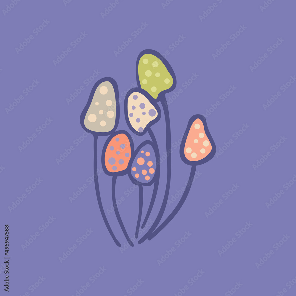 Magic mushroom. Psychedelic hallucination. Vector illustration in pastel colors isolated. 60s trippy hippie art for sticker, patch or poster design. Magic mushroom. Psychedelic hallucination. Vector illustration in pastel colors isolated. 60s trippy hippie art for sticker, patch or poster design.