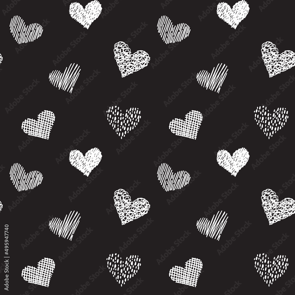Seamless pattern with hand drawn hearts in doodle style. Black and white colors. Valentines day love and wedding texture background. Beautiful print for textile, cards, gift wrap, design and decor. Seamless pattern with hand drawn hearts in doodle style. Black and white colors. Valentines day love and wedding texture background. Beautiful print for textile, cards, gift wrap, design and decor.