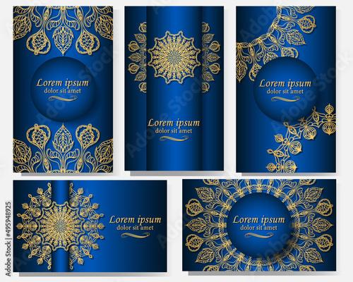 A set of five gorgeous vector mandala patterns. Golden ethnic ornament on blue background. Oriental pattern in postcards, labels, posters, invitations, packages. Luxury in your design