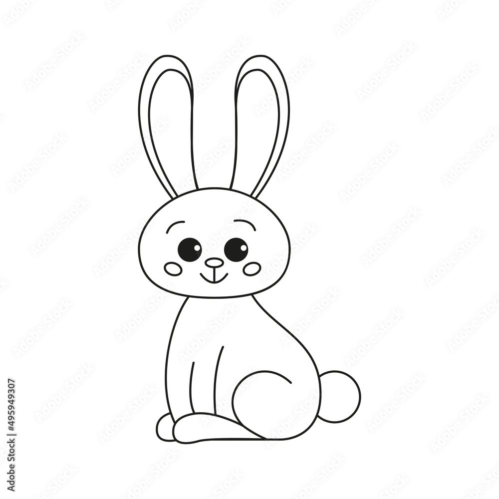 Fototapeta premium Cute outline rabbit, bunny for coloring. Rabbit Bunny Cartoon Outline Coloring Book or page for kids. Happy Easter in doodle style. Illustration Vector.
