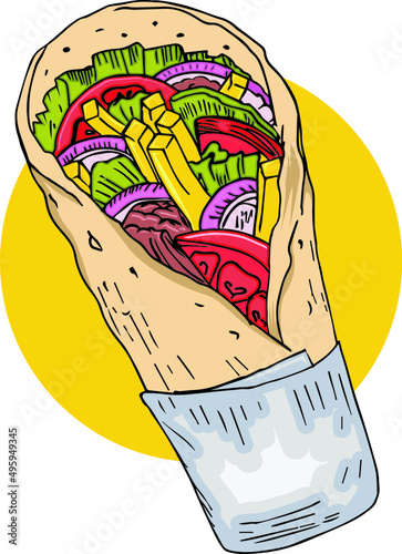 Greek Gyro, Turkish doner Fast food Illustration, digital art , restaurant artwork. Tasty junk food. Meet drawing. Hand draw.
Vector Modern sketch style