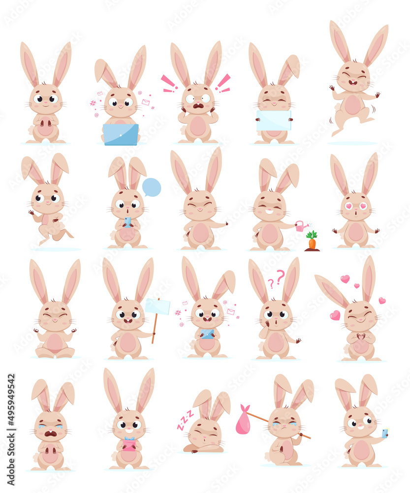 Cute bunny doing different actions cartoon illustration set. Pretty Easter bunny with carrot expressing various emotions on white background. Rabbit working, smiling, running, crying. Animal concept