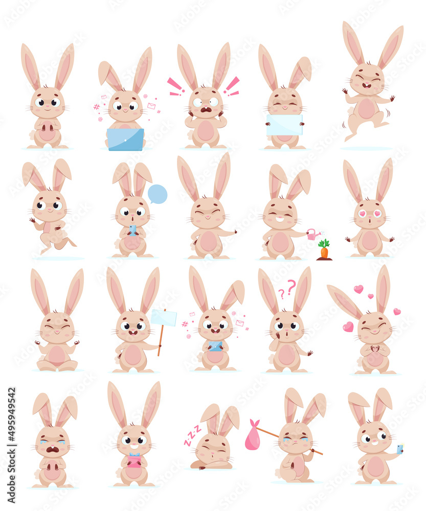 Cute bunny doing different actions cartoon illustration set. Pretty