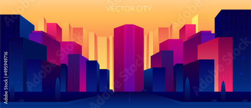 Vector poster with city view. Urban landscape with skyscrapers. Panoramic view.