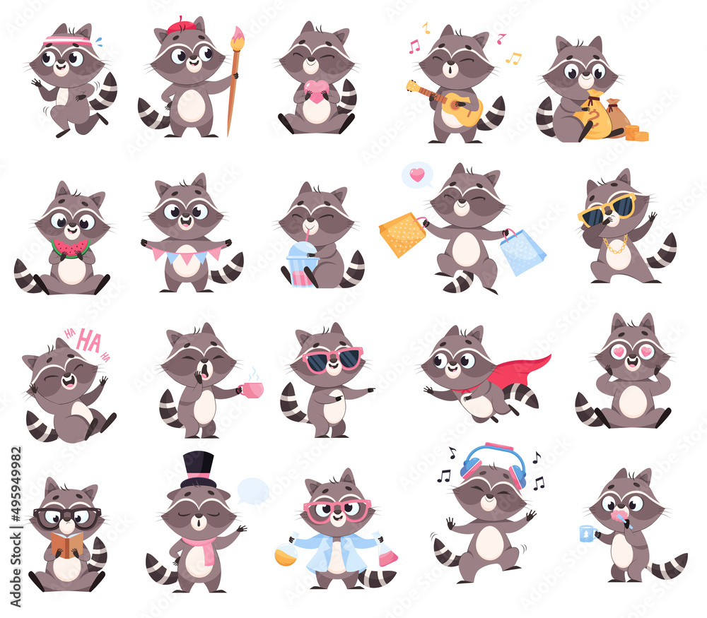 Fototapeta premium Funny racoon in different poses cartoon illustration set. Cute pet running, playing guitar, smiling, reading book, having fun, eating and drinking on white background. Wildlife animal concept