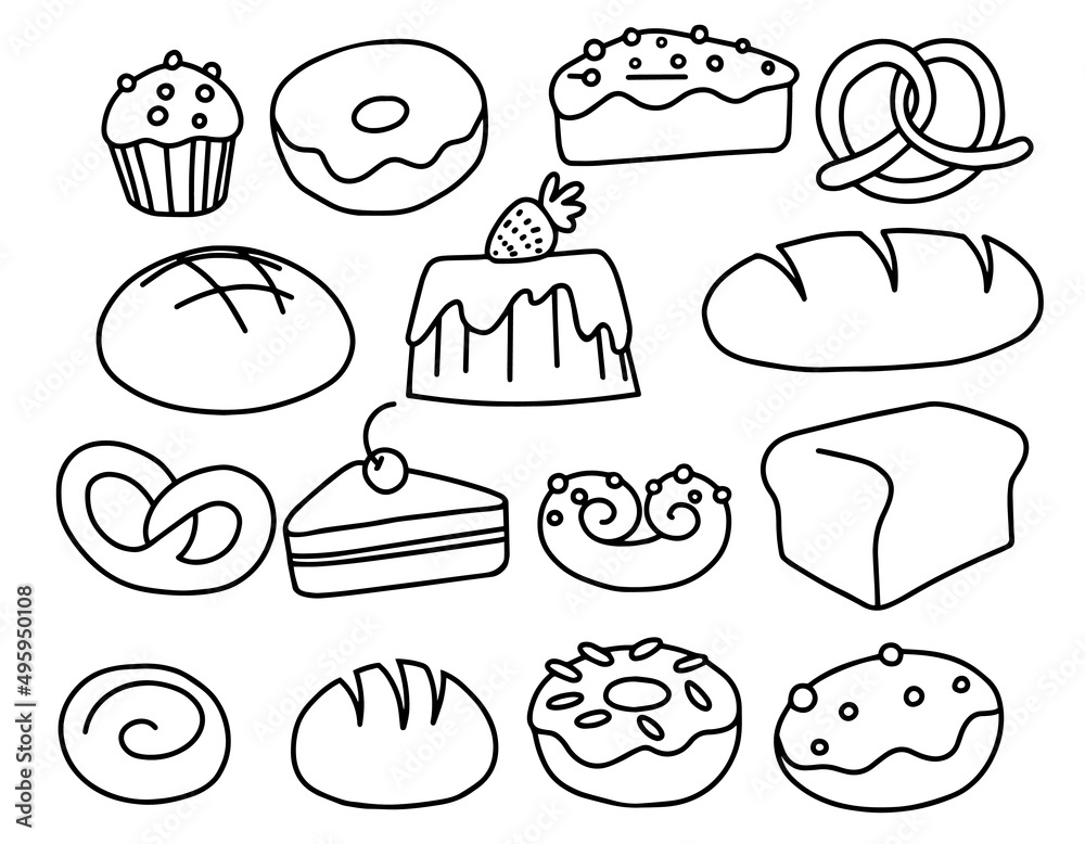 vector drawing in doodle style. set of pastries, bread, donuts cakes and pretzels. simple hand drawing sketch