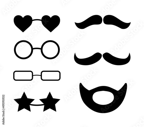 Collection of glasses and mustaches isolated icons. Festive silhouettes. Vector illustration.