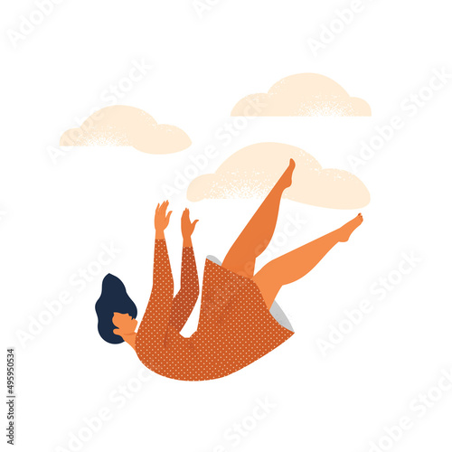 Falling female character, flat vector illustration. Shocked falling down woman because of stumbling, slipping, accident, injury. Slippery, danger, risk.