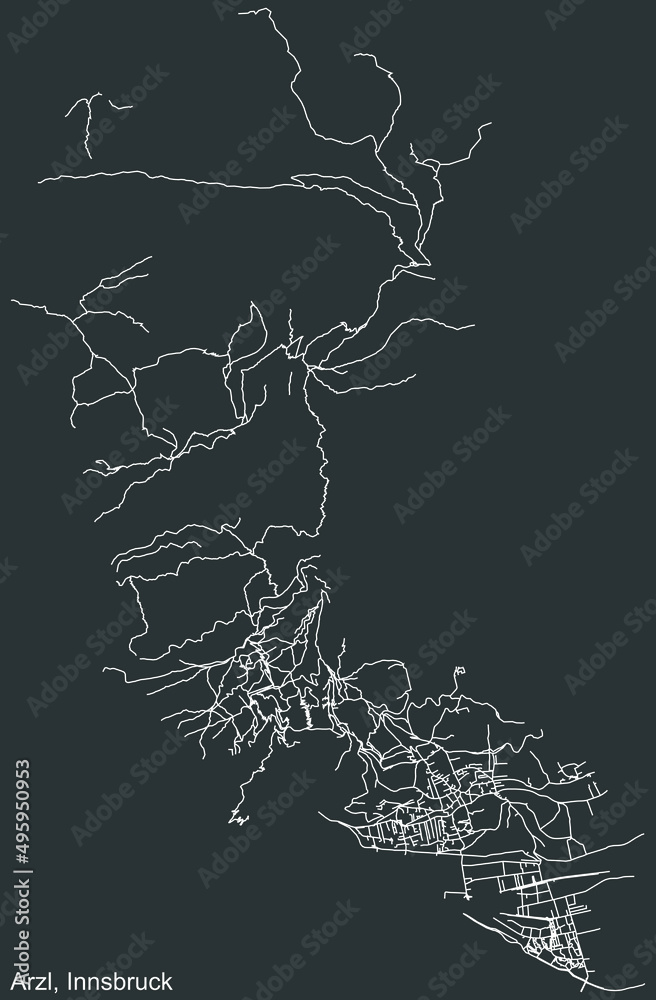 Detailed negative navigation white lines urban street roads map of the ARZL DISTRICT of the Austrian regional capital city of Innsbruck, Austria on dark gray background