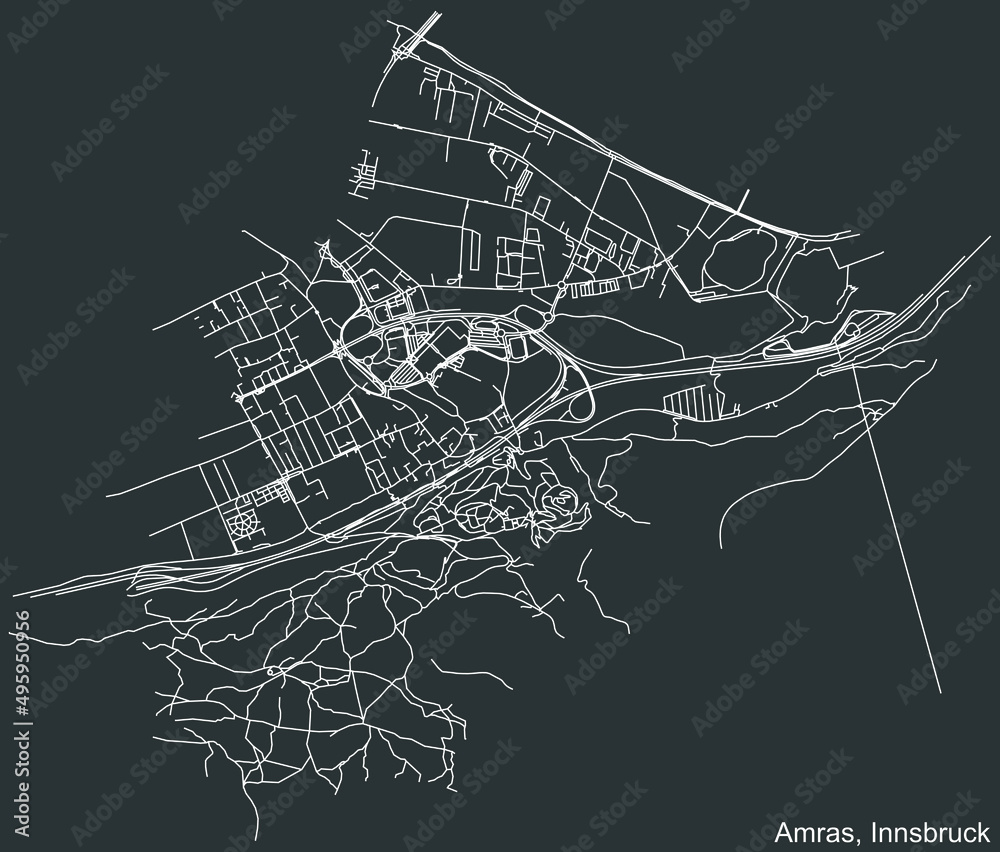 Detailed negative navigation white lines urban street roads map of the AMRAS DISTRICT of the Austrian regional capital city of Innsbruck, Austria on dark gray background