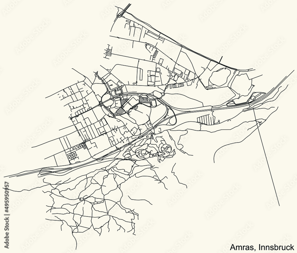 Obraz premium Detailed navigation black lines urban street roads map of the AMRAS DISTRICT of the Austrian regional capital city of Innsbruck, Austria on vintage beige background