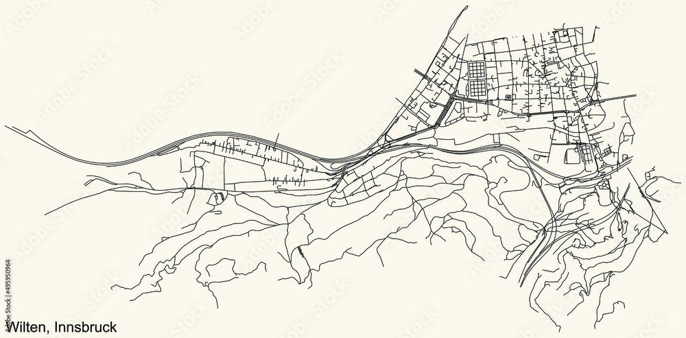 Fototapeta premium Detailed navigation black lines urban street roads map of the WILTEN DISTRICT of the Austrian regional capital city of Innsbruck, Austria on vintage beige background